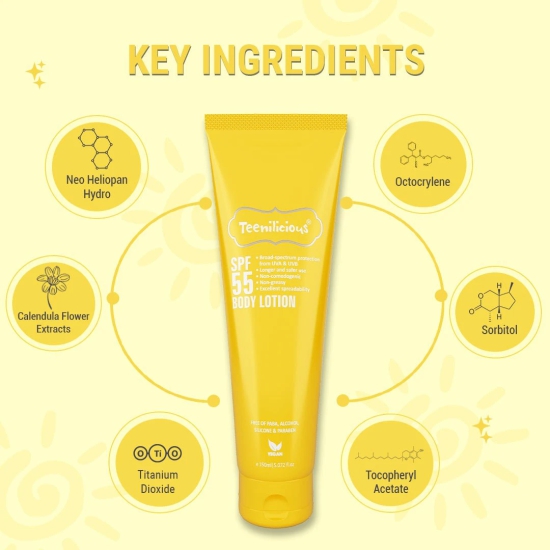 Teenilicious SPF 55 Sunscreen Body Lotion, SPF 50 PA+++, Sunscreen for Oily Skin and Sensitive Skin-150ml