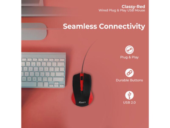 Foxin Classy-Red Wired Plug-N-Play USB Mouse, High Resolution 800 DPI