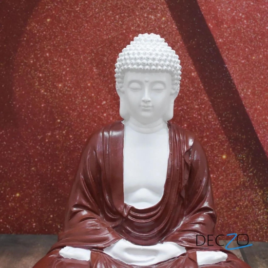 Hand Carved Sitting Buddha: White-Brown