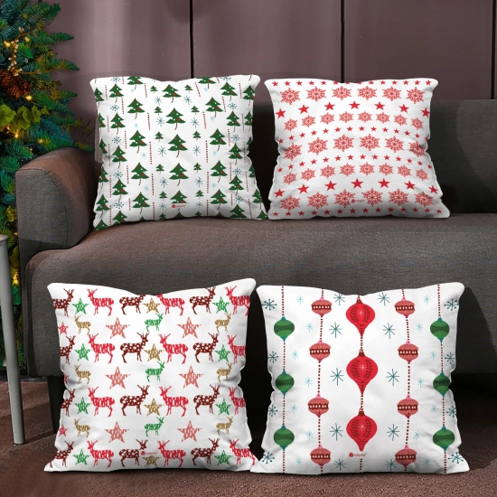 Indigifts Christmas Decorations for House Christmas Themed Holiday Home Dcor White Set of 4 Cushion Cover 18x18 inches - Christmas Cushion, Xmas Decorations, Christmas Gifts, Christmas Pillow