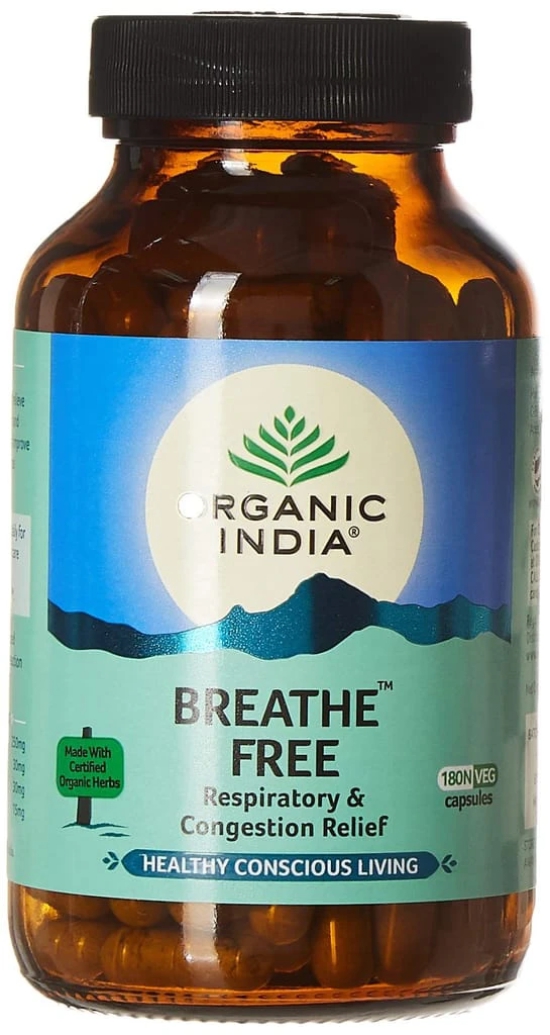 ORGANIC INDIA Breathe Free Ayurvedic Capsule || Respiratory Disorder & Congestion || Ptect Lungs from Smoking & Pollution || Relieves Allergic Asthma & Coughing - 180 N Veg Capsules