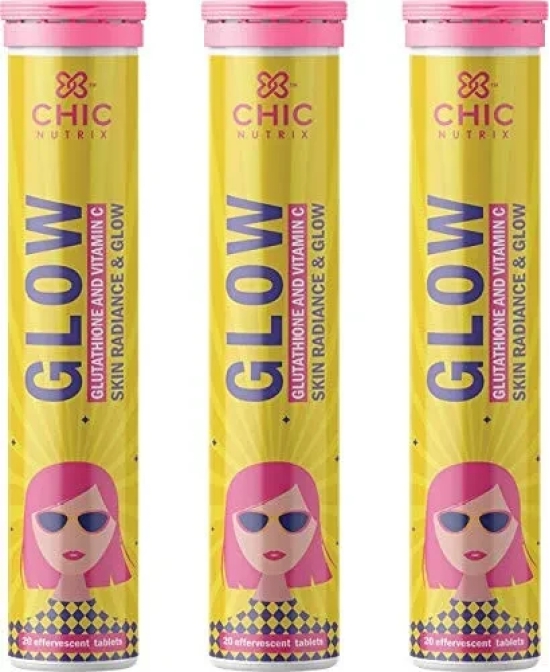 Chicnutrix Glow- Effervescent Glutathione Tablets for Glowing Skin Made with Japanese Glutathione (500 mg) & Vitamin C (40 mg)- 60 Effervescent Glutathione Tablets. Strawberry & Lemon Flavor