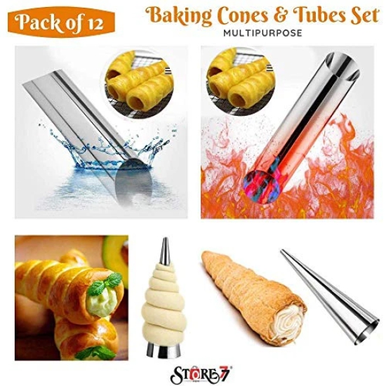 Magnusdeal 12 Pcs DIY Non-Stick Stainless Steel Baking Cones & Tubes Set. Spiral Horn Pastry Cream Roll Tubes/Cake Cone Mold/Cannoli Forms/Ice Cream Roll/Funnel Shape/Kitchen/Party