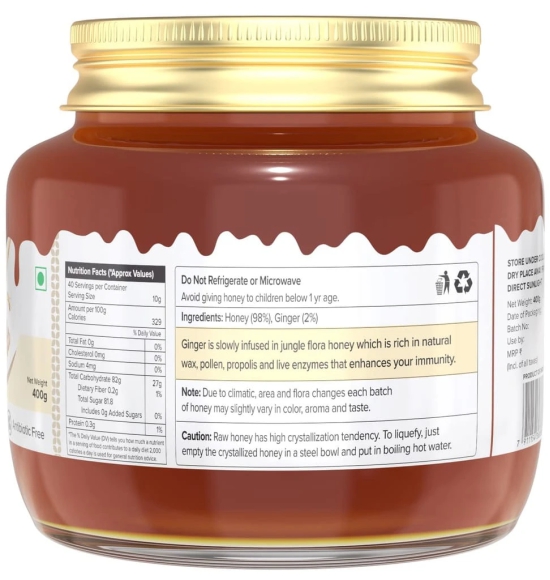 Farm Naturelle-Real Ginger Infused Forest Honey|Ginger Honey 400gm and a Wooden Spoon| 100% Pure, Raw Natural - Un-Processed - Un-Heated Honey |Lab Tested |