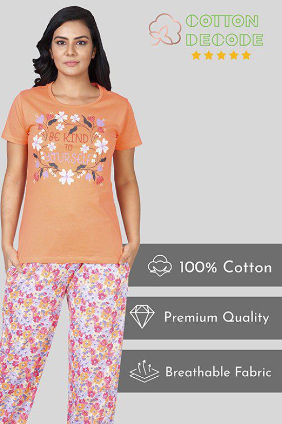 Women's Cotton Printed Night Suit Set - Orange-3XL