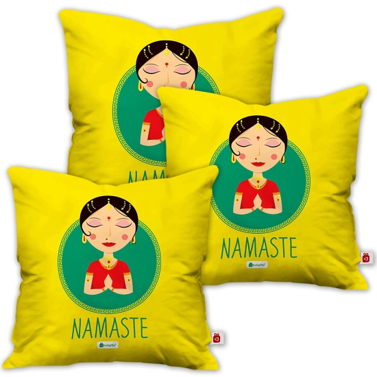 Indigifts Diwali Decoration Items Namaste Quote Yellow Cushion Cover 16x16 Set of 3 - Diwali Gift Items, Dipawali Gift Items, Dipawli Gifts, Deepawali Greetings, Deepavali Decoration