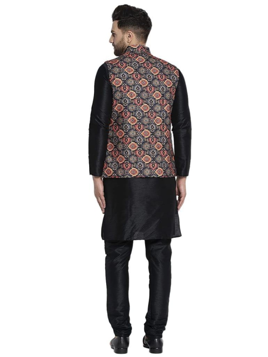 Banity Bey Mens Silk Blend Black Kurta Pajama with Designer Ethnic Nehru Jacket/Modi Jacket/Waistcoat