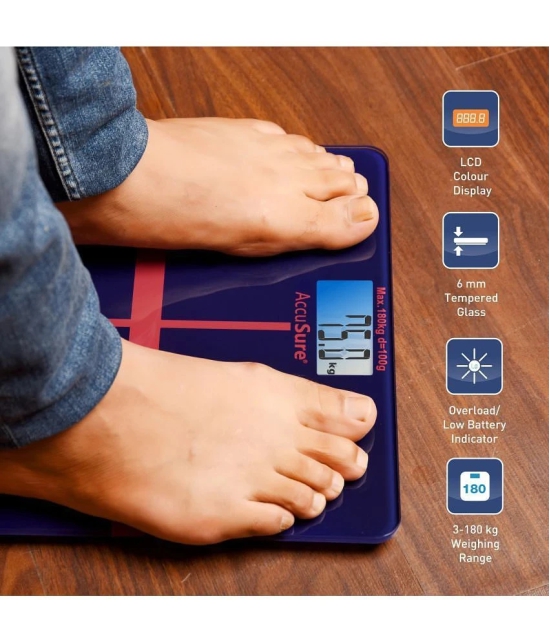 AccuSure Blue & Black Digital Bathroom Weighing Scale, LCD Panel, 6mm Tempered Glass1 Yr Warranty