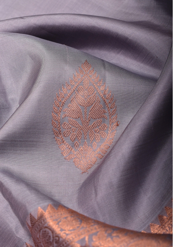 Gray Kanjivaram Pure Silk Saree with Damask Motifs with wide zari copper border | SILK MARK CERTIFIED