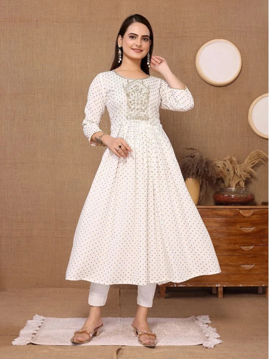 Rangita Women Rayon Off White Embroidered Calf Length Anarkali Kurti - None