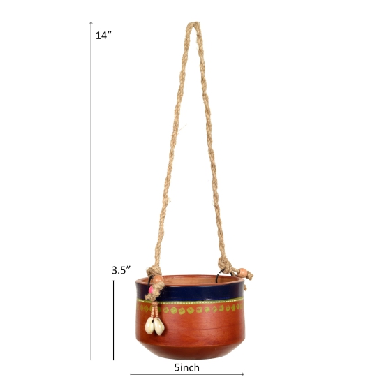 Blue-Brown Earthen Planter with Jute Hanger ( Pot-5x5x3.5) H-14