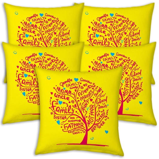 Indigifts Gifts Diwali Christmas Year Set of 5 Yellow Family Tree Printed Polyester 12X12 Cushions Home Family Friends