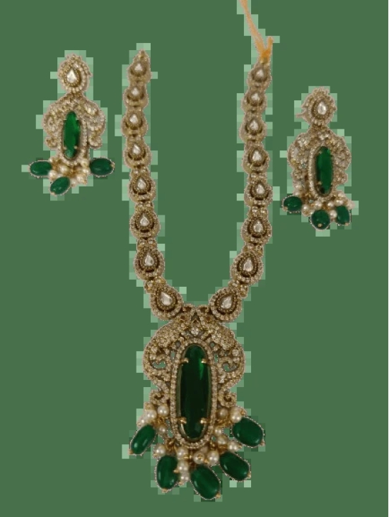 Stunning Gold-Plated Kundan Necklace Set with Green Stones and Pearls