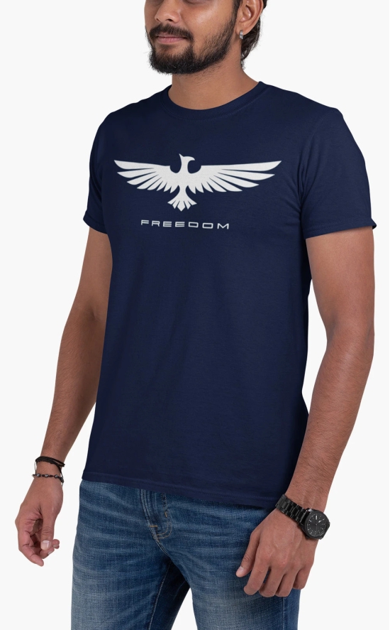 Mens Round Neck Eagle Freedom T-shirt-Navy Blue / 2XL