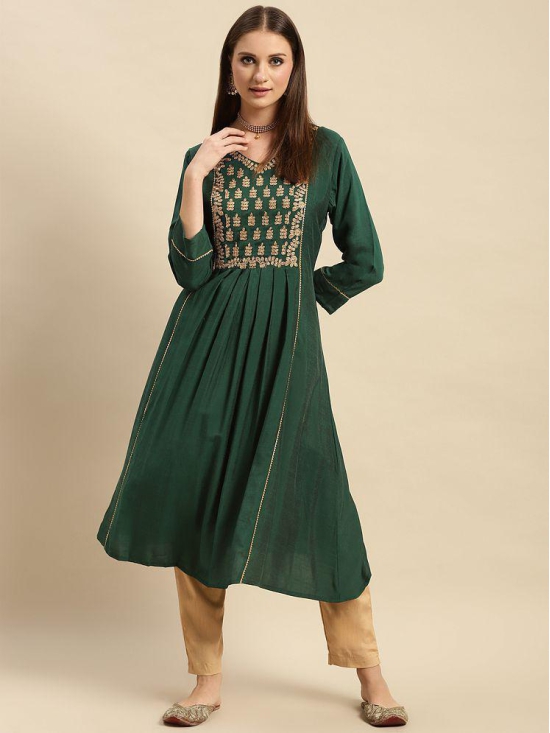 Rangita Women Viscose Blend Green Yoke Embroidered Calf Length Partywear Flared Kurti - None