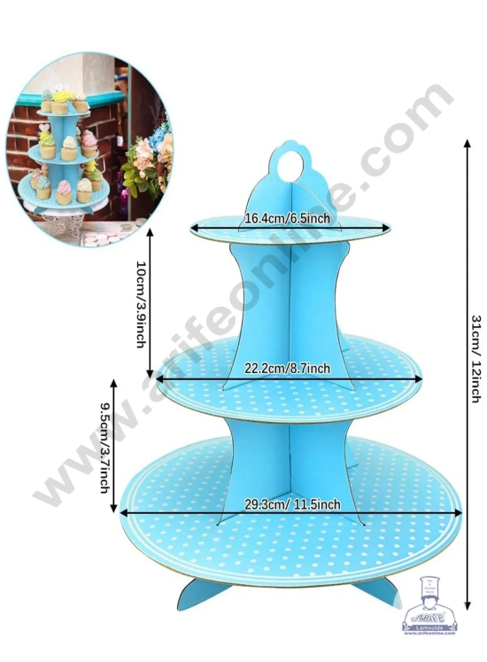 Cake Decor™ 3 Tier Small Polka Dots Printed Round Cardboard Cupcake Stand-SKY BLUE