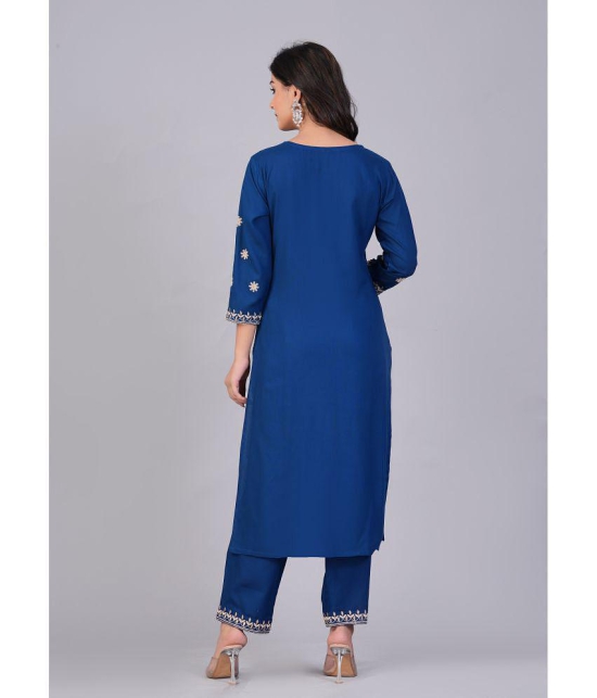 Doriya Cotton Blend Embroidered Kurti With Pants Women''s Stitched Salwar Suit - Blue ( Pack of 1 ) - None