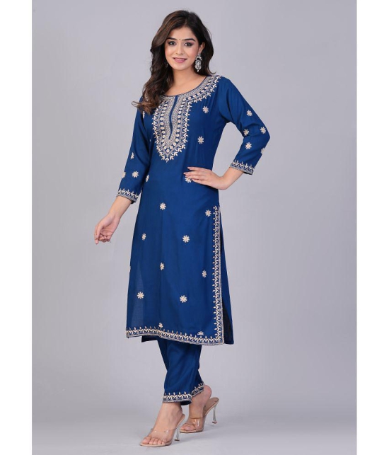 Doriya Cotton Blend Embroidered Kurti With Pants Women''s Stitched Salwar Suit - Blue ( Pack of 1 ) - None