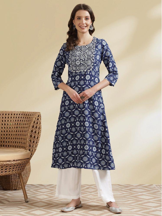 Rangita Women Rayon Blue Embroidered Calf Length A-line Kurti - None