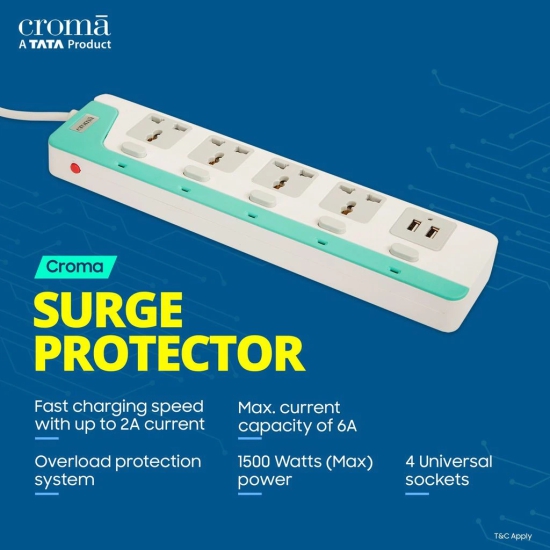 Croma 6 Amps 4 Sockets Surge Protector WIth Individual Switch (2 Meters, Child Safety Shutter, Blue)