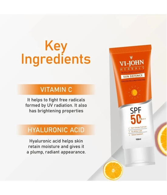 VI-JOHN Herbals Sun Defense Sunscreen SPF 50 PA+++ Broad Spectrum With Hyaluronic & Vitamin C 100ml