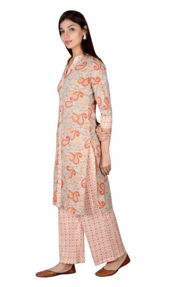 JAIPURETHNICWEAVES Women's Cotton Cambric Paisley Printed Straight Kurta & Palazzo Set