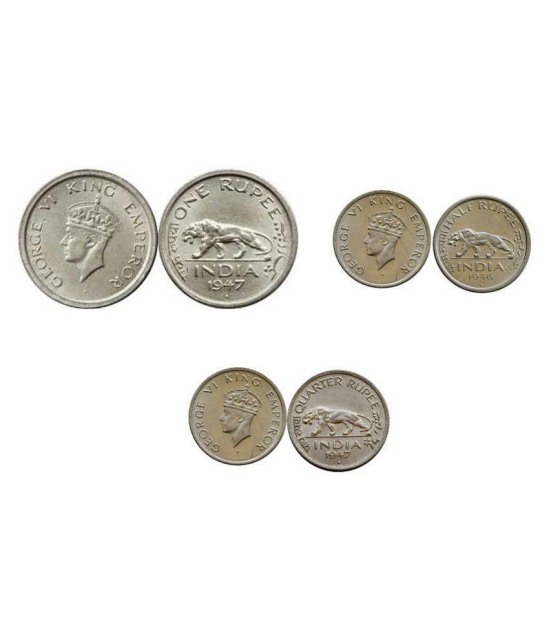 PE- One Rupee - Half Rupee - Quater Rupee - 1947 Rare Coins Of India - Total 3 Coins  - Tiger Coins