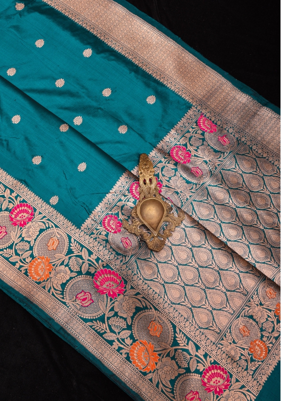 Teal Banarasi Pure Katan Silk Saree with Floral Meenakari Border and Butta | SILK MARK CERTIFIED