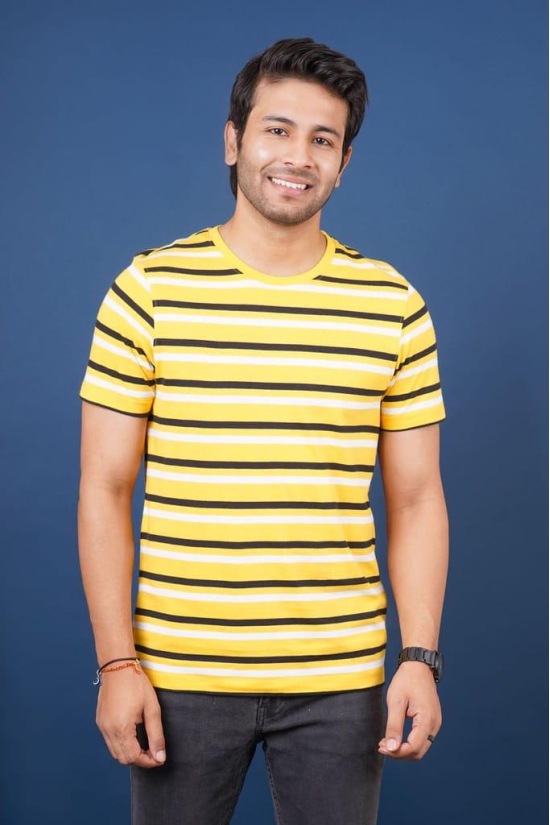 Mens Yellow Striped Crew Neck T-Shirt