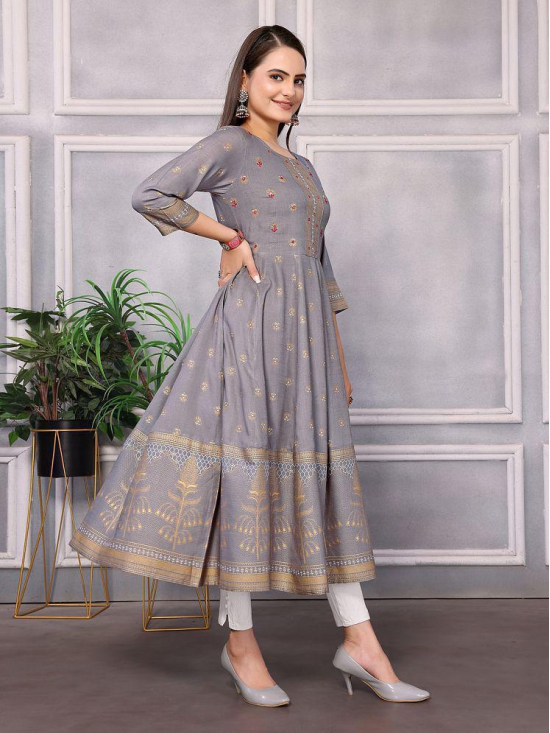 Rangita Women Rayon Grey Embellished Calf Length Anarkali Kurti - None