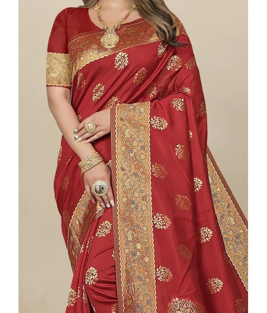 Gazal Fashions - Red Banarasi Silk Saree With Blouse Piece ( Pack of 1 ) - Red