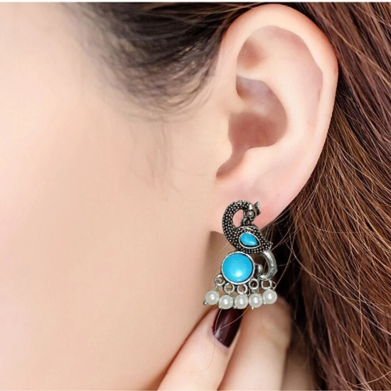 Jewelryklub Earrings For Women Oxidised Silver Peacock Shape Jhumki Earrings For Girls And Women (Blue)