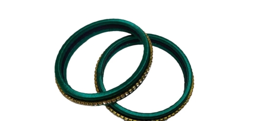 Green Silk Thread Bangle Set with Rhinestone and Black Beads