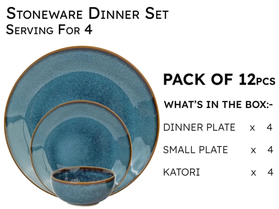 Handcrafted Stoneware Reactive Glaze Ceramic Dinner Set, 12 Pieces Serving for 4, Microwave and Dishwasher Safe, Bone-ash Free, Crockery Set for Dining and Gifting, Greenish Blue