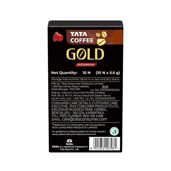 Tata Coffee Gold Coffee Capsules, Intensity- 8 | Tasting notes: Dark Chocolaty & Fruity | Nespresso Compatible Coffee Pods, 10 Aluminium Capsules, 55 g