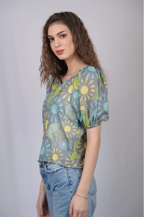 Women's Olive Green Floral Print V-Neck Top (OTL-TPS1036)-Green / L