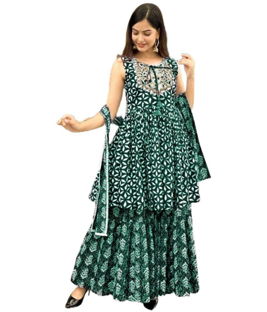 Itemzon Viscose Printed Ethnic Top With Palazzo Womens Stitched Salwar Suit - Dark Green ( Pack of 1 ) - None