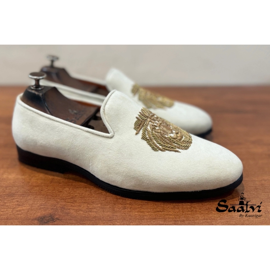 Cream Velvet Lion Zardosi Slipons-UK11/US12/EU45