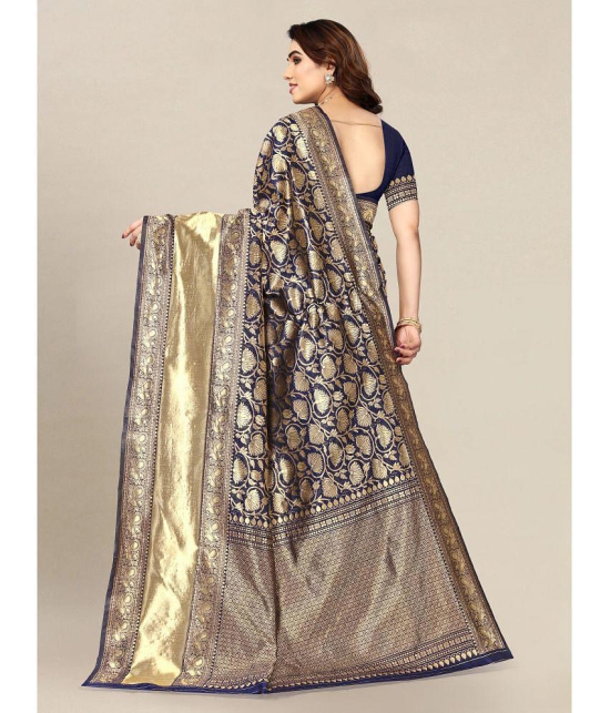 Om Shantam Sarees - Navy Blue Banarasi Silk Saree With Blouse Piece ( Pack of 1 ) - Navy Blue