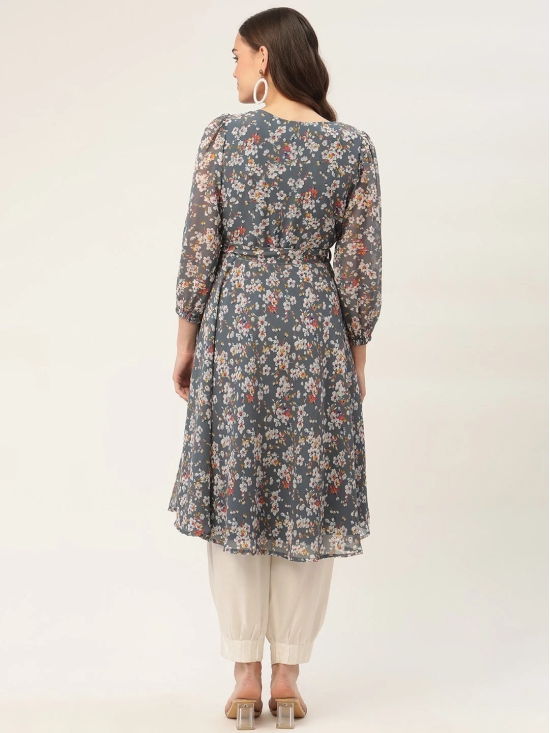 Women Grey & White Georgette Floral Printed Kurta-M / Grey