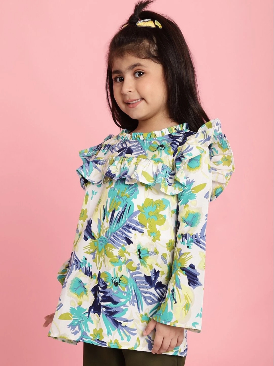 MINI & MING Girls Floral Printed Round Neck Bell Sleeves Pleated A-Line Top