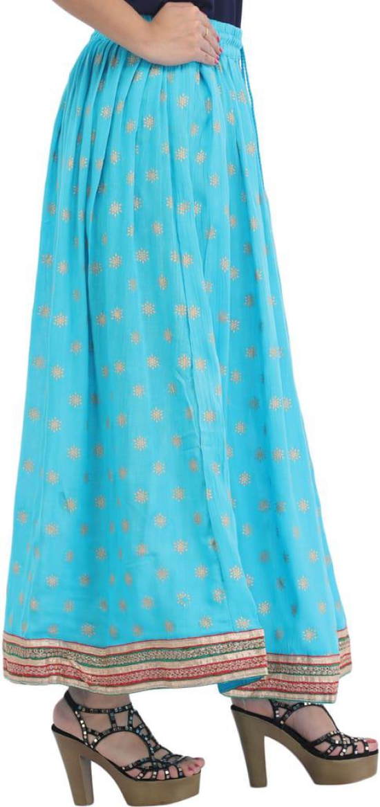 Batton-Blue Long Skirt with Golden Printed Bootis and Gota Border