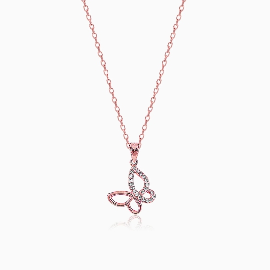 Rose Gold Zircon-Studded Butterfly Pendant With Link Chain