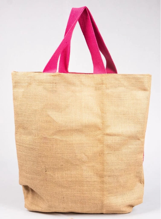 Handmade Patchwork Jute Tote Bag with Pink Handles