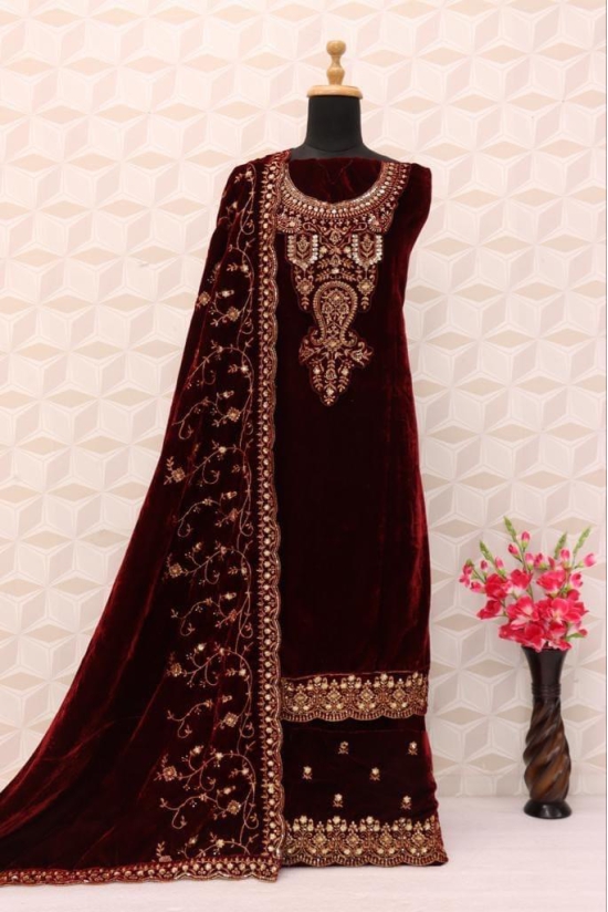 Lorenvelley Fashion Maroon Velvet Salwar Suit Material Embroidered
