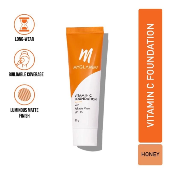 MyGlamm Vitamin C Foundation - Honey (Deep) | Long Lasting, Light To Medium Coverage Foundation With SPF 15 With Hyaluronic Acid (30g)