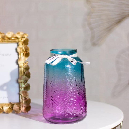 Leaves Embossed Gradient Glass Vase-Sheer Glass