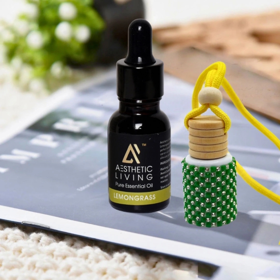 Aesthetic Living Car Aromatizer Diffuser Bottle with Essential Oil (Studded Bottle -12 ml + Lemongrass Essential Oil, 15 ml)