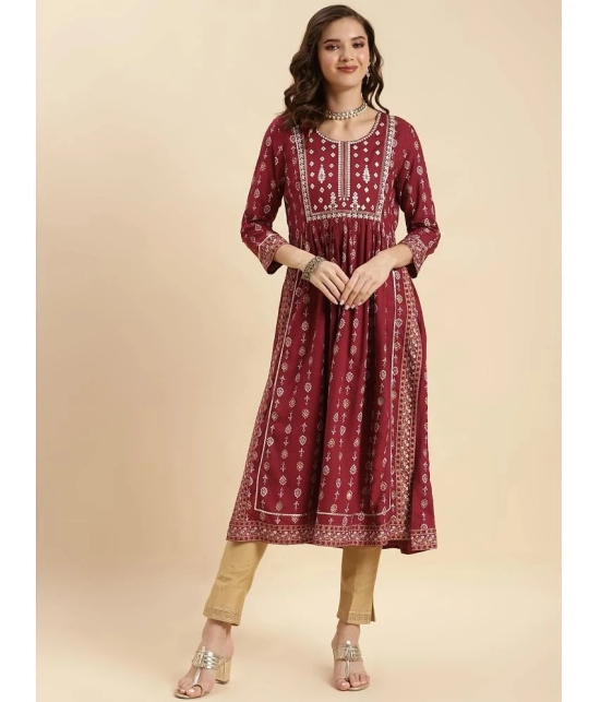 Rangita Women Rayon Maroon Yoke Embroidered Calf Length Nayra Style Kurti - None