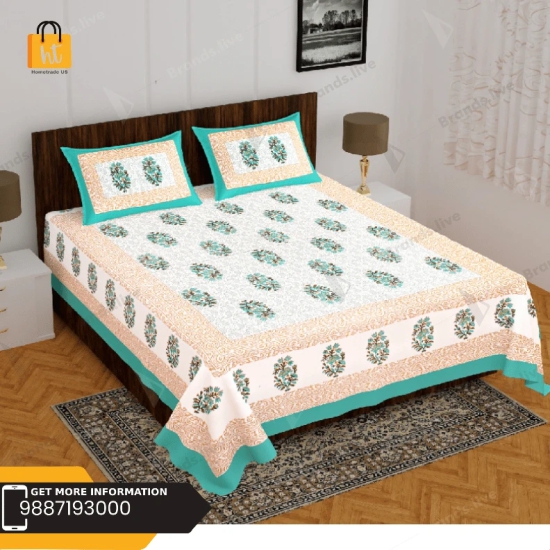 Bedsheet Adda-DB-3XXX-Standard King Size (90*108 Inches)100% Pure Cotton jaipuri printed  Green Floral Print Cotton Double Bedsheet with 2 Matching Pillow Covers-3094